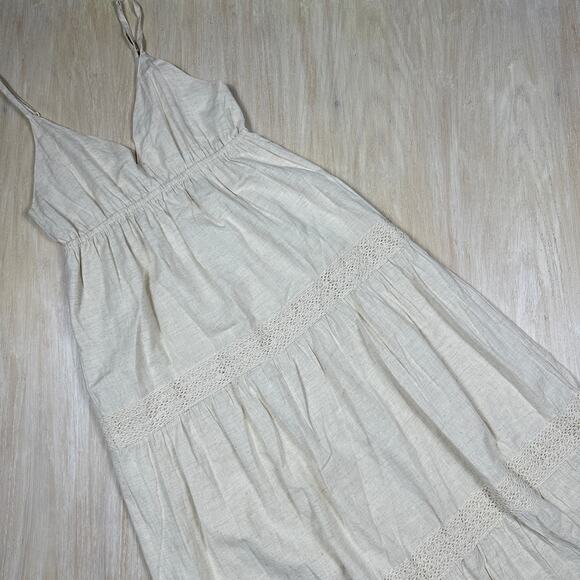 Sim & Sam Beige Linen Blend Crochet Coastal Beach Boho Tiered Midi Dress Small - Picture 10 of 14